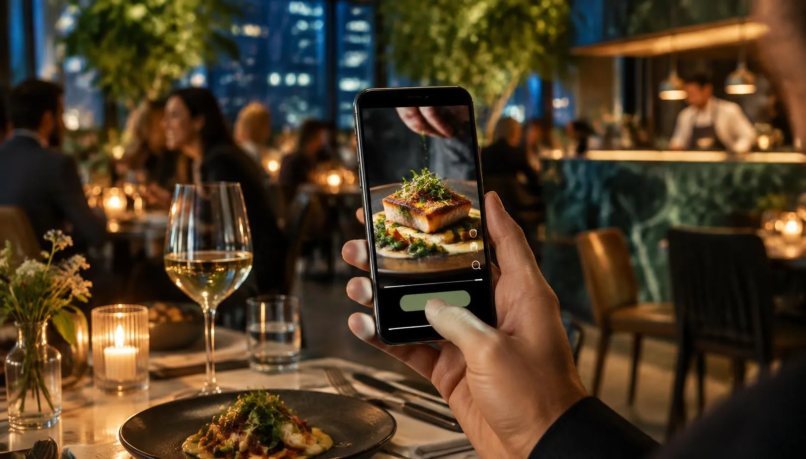 Diner in a busy restaurant at night watching a food video ad on a smartphone