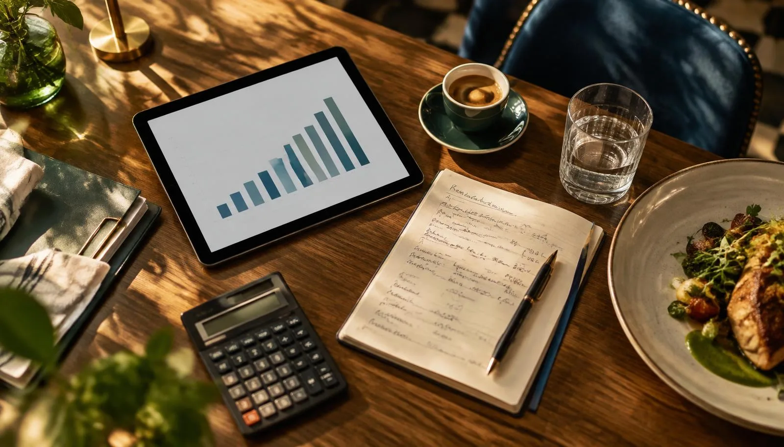 Restaurant table with a tablet showing a growth chart, a handwritten budget plan, a calculator and a plated dish