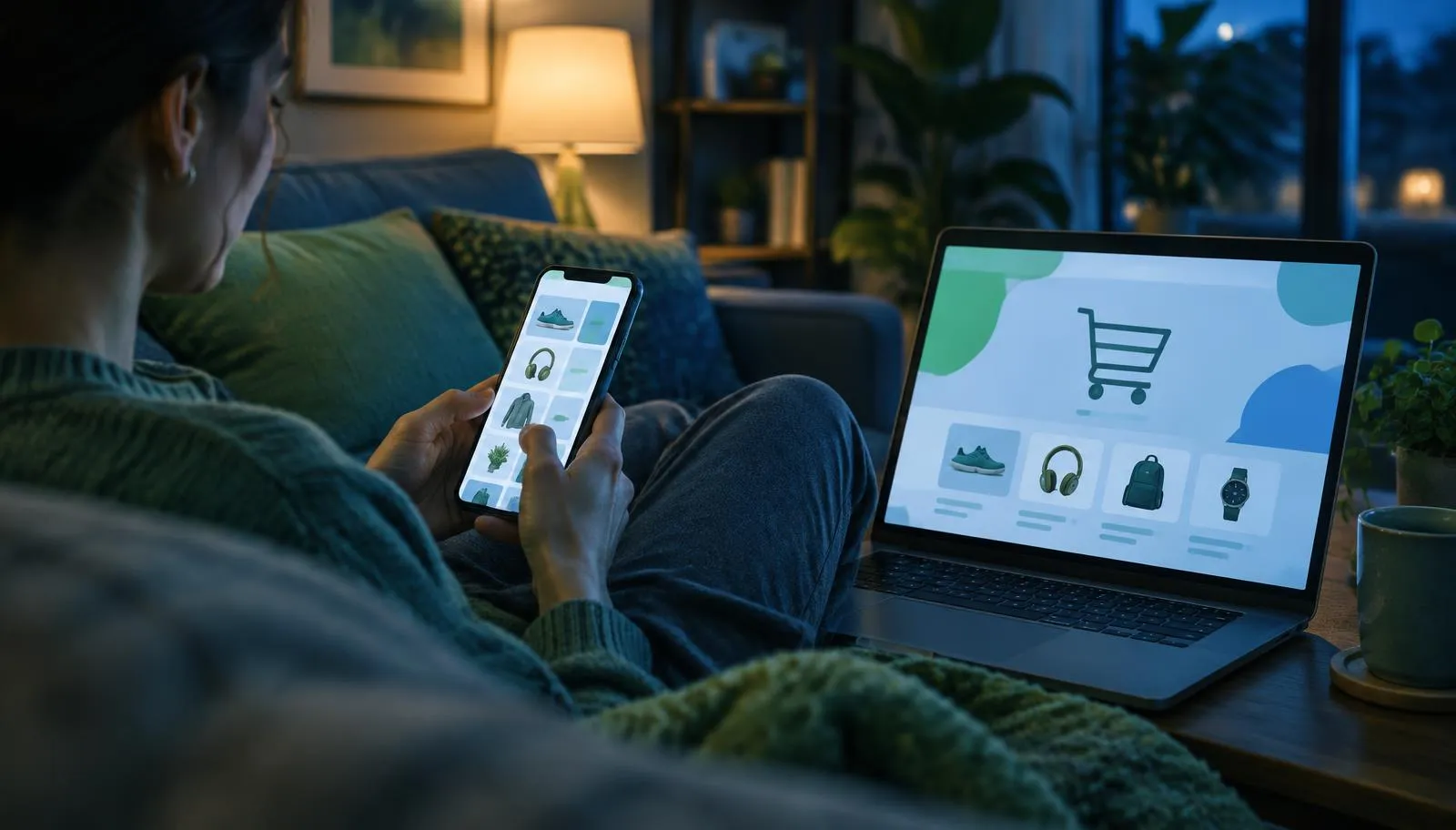 Person on a couch in the evening browsing products on a phone, with a laptop showing an online shopping cart